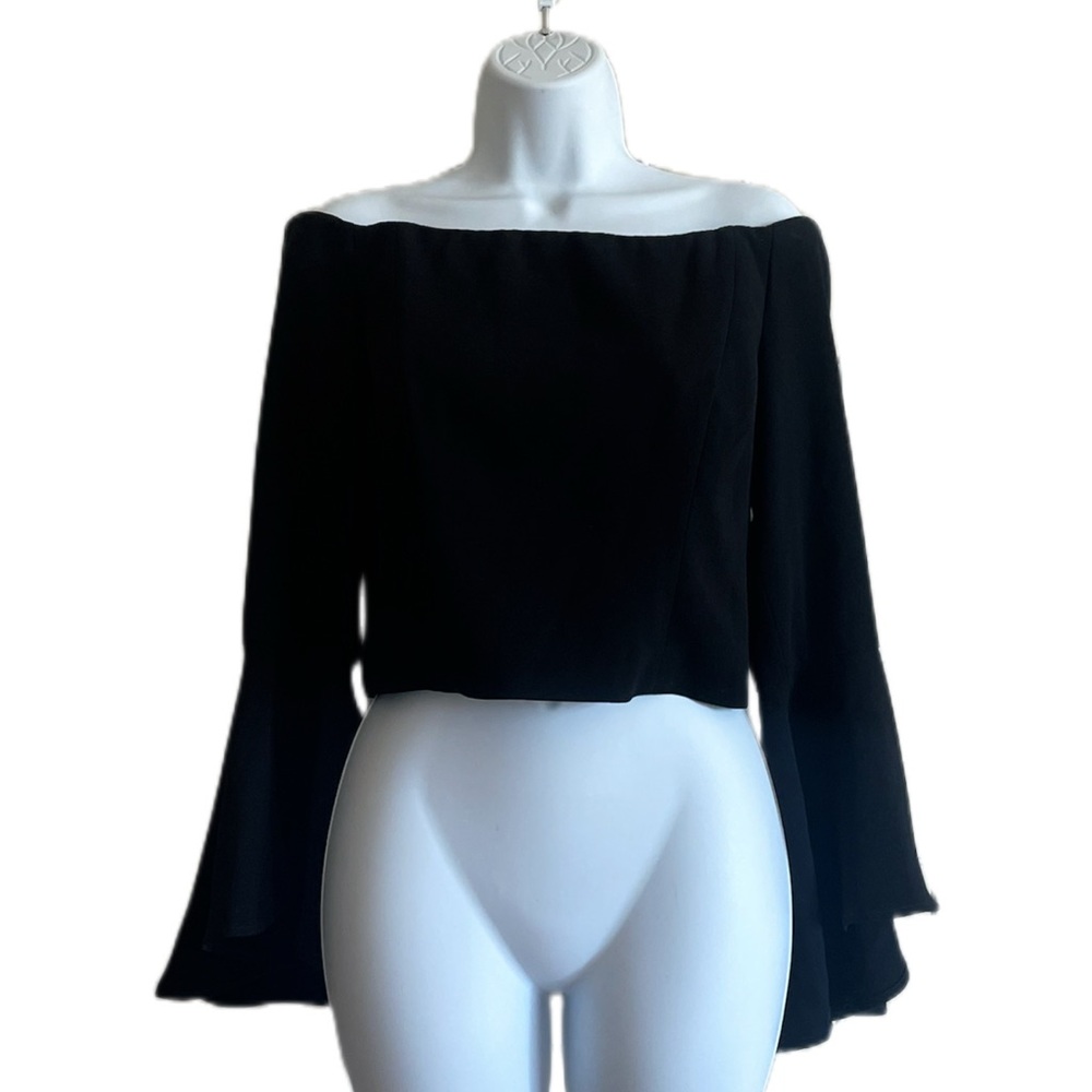 Bardot Black Off-Shoulder Blouse with Dramatic Trumpet Sleeves